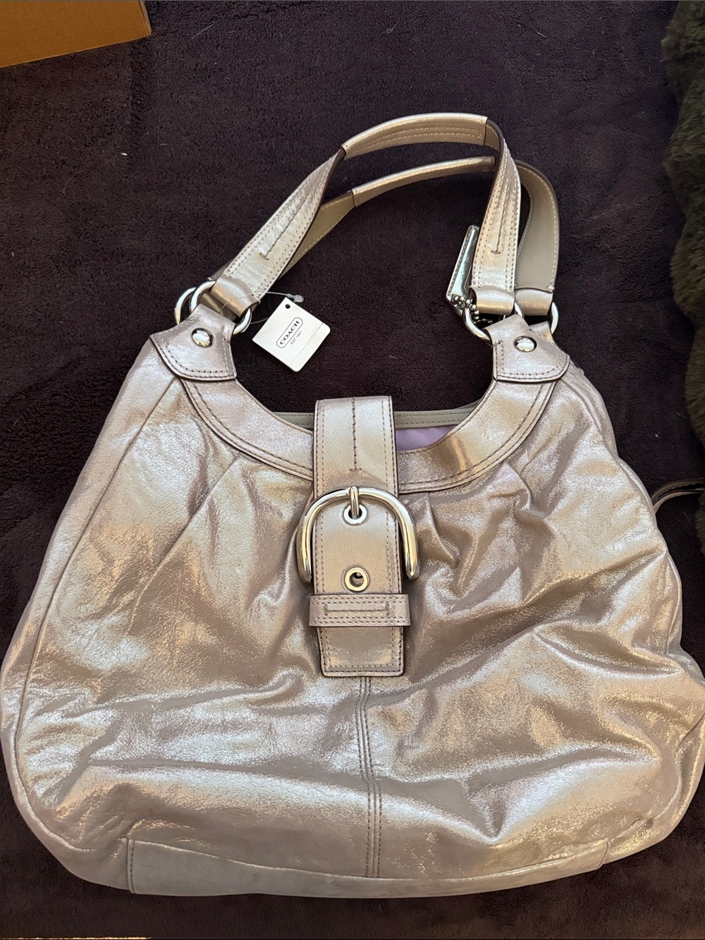 Coach Shimmery Silver Leather Shoulder Bag with Buckle Detail